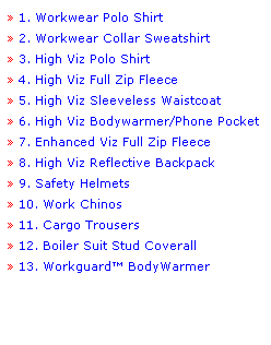 Text Box:  1. Workwear Polo Shirt 
 2. Workwear Collar Sweatshirt 
 3. High Viz Polo Shirt 
 4. High Viz Full Zip Fleece 
 5. High Viz Sleeveless Waistcoat 
 6. High Viz Bodywarmer/Phone Pocket
 7. Enhanced Viz Full Zip Fleece 
 8. High Viz Reflective Backpack
 9. Safety Helmets
 10. Work Chinos 
 11. Cargo Trousers 
 12. Boiler Suit Stud Coverall 
 13. Workguard BodyWarmer 
 
