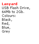 Text Box: Lanyard 
USB Flash Drive,
64Mb to 2Gb.
Colours:
Black, 
Red,
Blue, 
Grey
