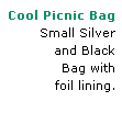 Text Box: Cool Picnic Bag 
Small Silver 
and Black 
Bag with 
foil lining.
          

